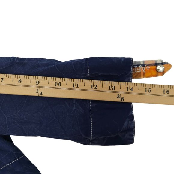 Affliction Snap Front Shirt Womens S Roll Tab 3/4 Sleeve Blue Cross Rhinestones - Picture 7 of 16